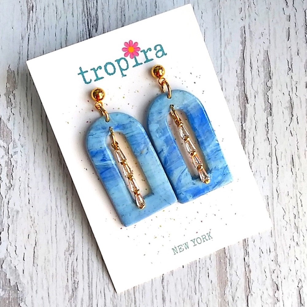 Arched blue gold CZ polymer clay earrings